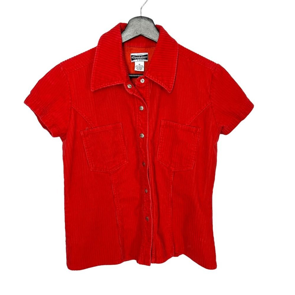Vintage 90s Red Corduroy Short Sleeve Button Up Top Medium